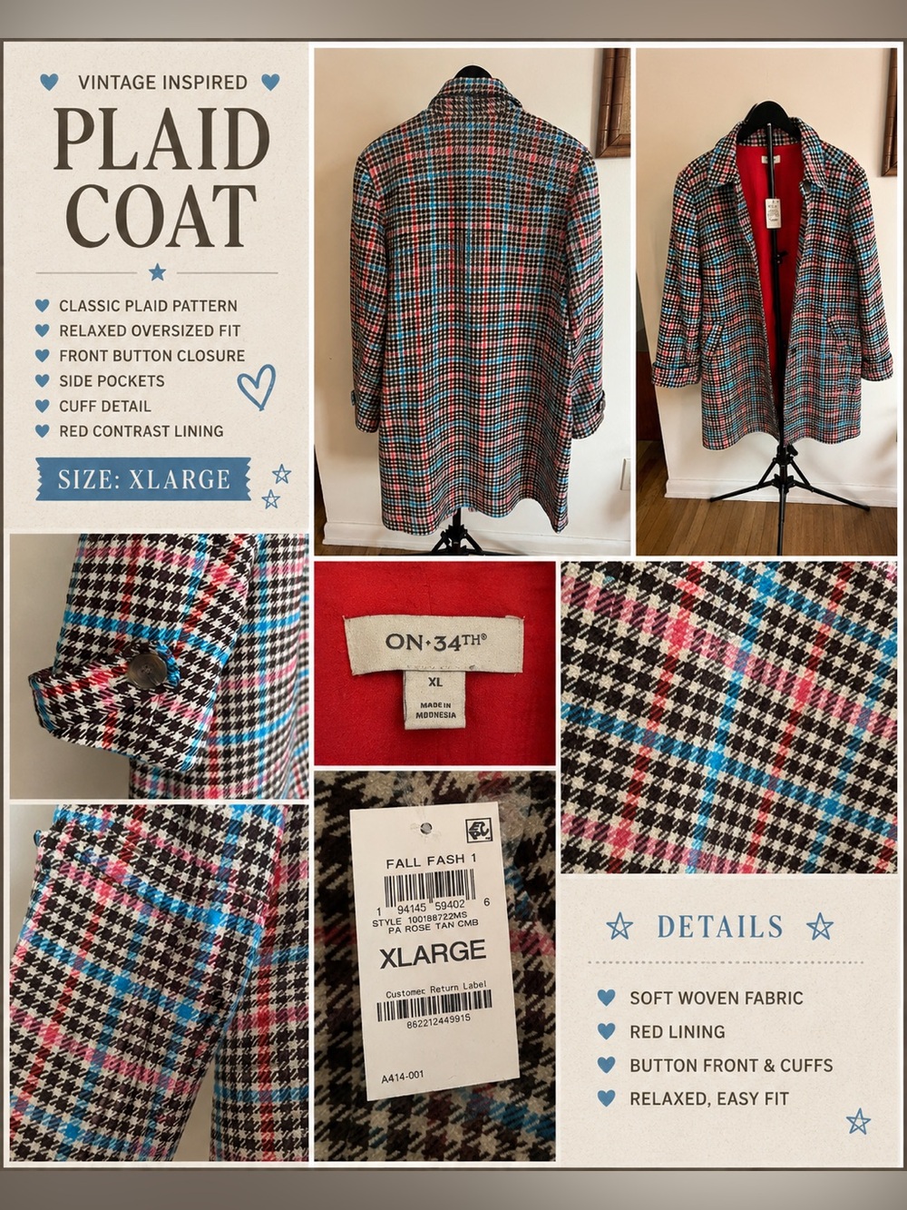 On 34th Checkered Car Coat XL New With Tags